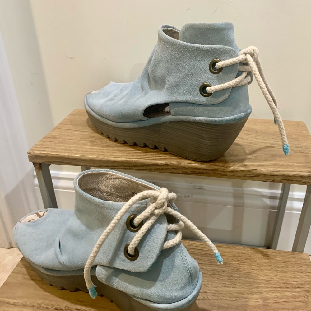Fly London Women's Light Blue Suede Wedge Sandals - Picture 6 of 9
